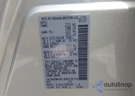 2017 Nissan Pathfinder Sv z USA, uszkodzony, nr VIN 5N1DR2MN3HC685979